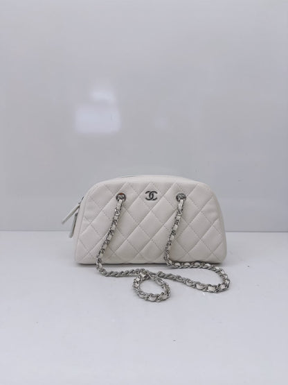 WHITE GRAINED CALFSKIN CC MADEMOISSELLE MINI BOWLING BAG