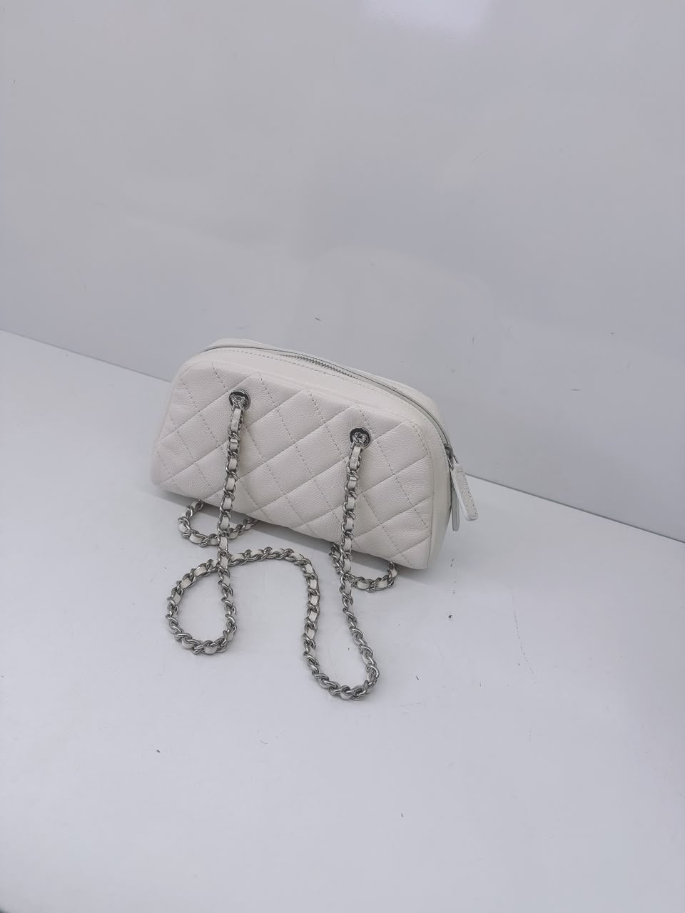 WHITE GRAINED CALFSKIN CC MADEMOISSELLE MINI BOWLING BAG