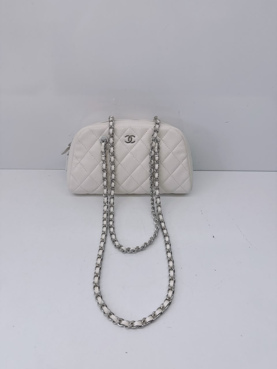 WHITE GRAINED CALFSKIN CC MADEMOISSELLE MINI BOWLING BAG