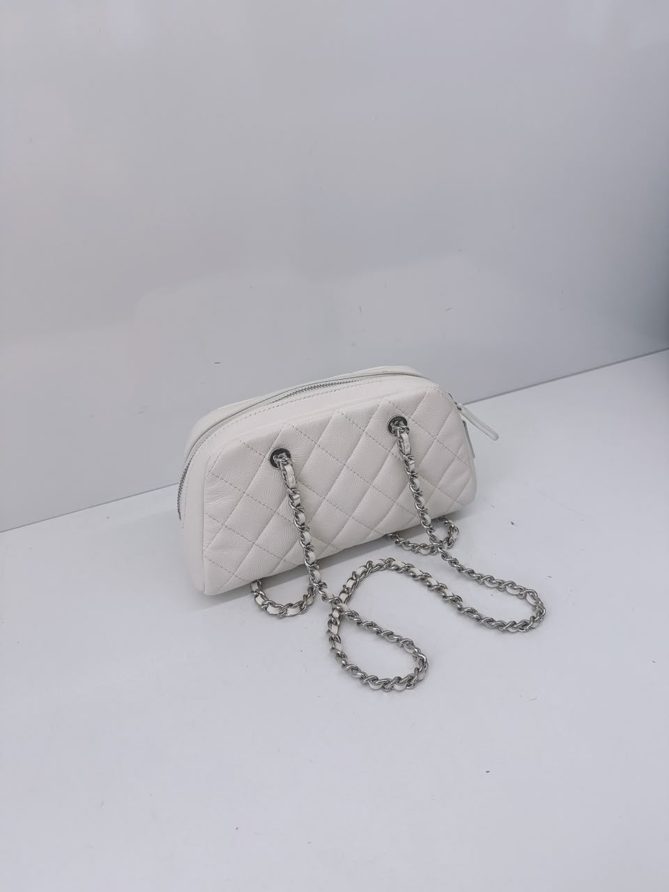 WHITE GRAINED CALFSKIN CC MADEMOISSELLE MINI BOWLING BAG