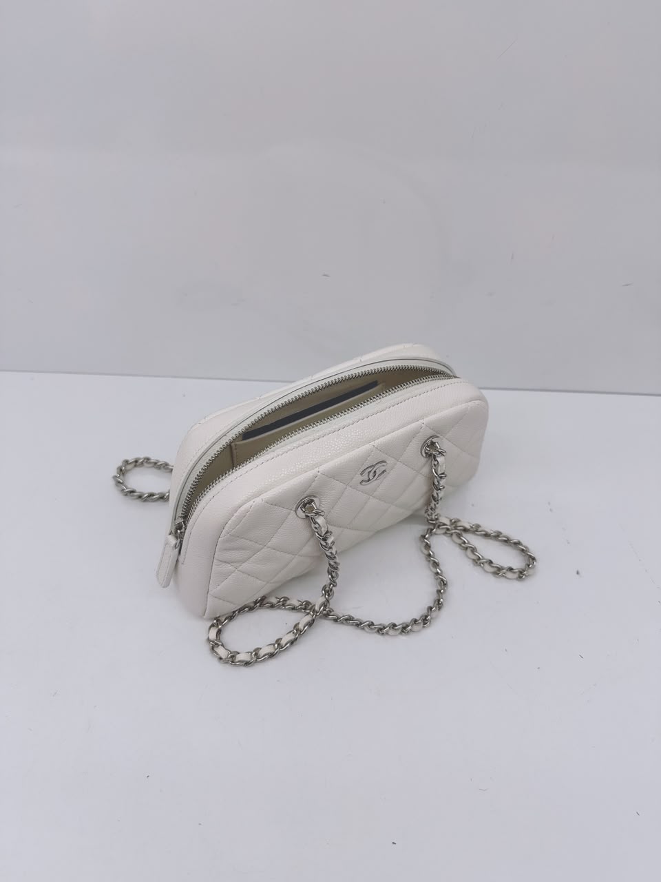 WHITE GRAINED CALFSKIN CC MADEMOISSELLE MINI BOWLING BAG