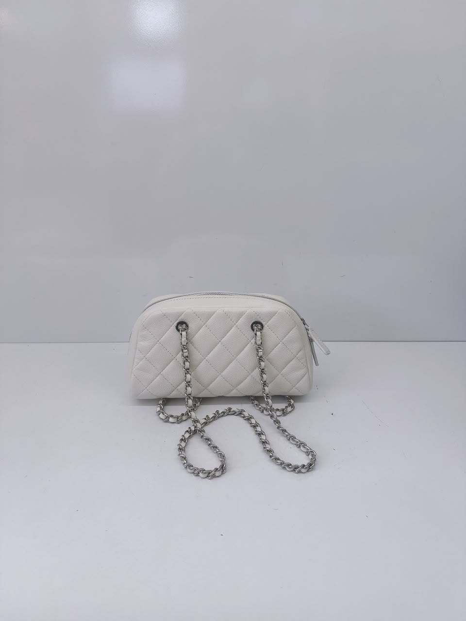 WHITE GRAINED CALFSKIN CC MADEMOISSELLE MINI BOWLING BAG