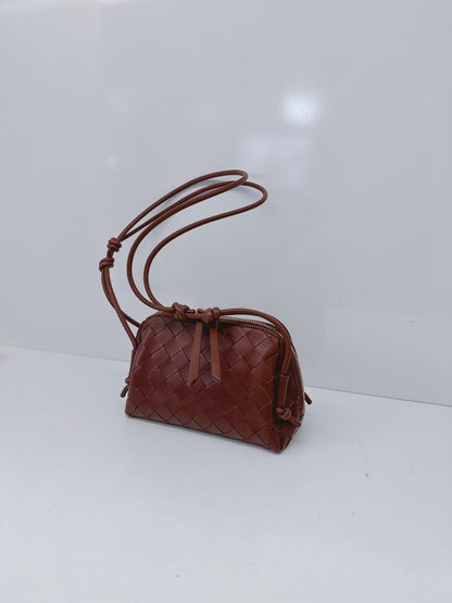 BROWN INTRECCIATO LEATHER MINI CONCERT POUCH