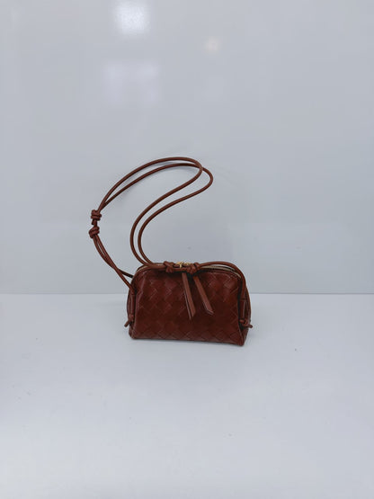 BROWN INTRECCIATO LEATHER MINI CONCERT POUCH