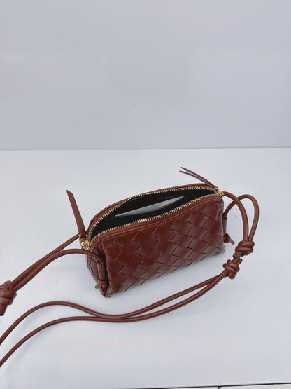 BROWN INTRECCIATO LEATHER MINI CONCERT POUCH