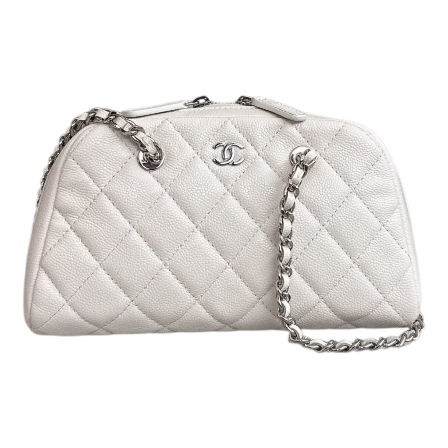 WHITE GRAINED CALFSKIN CC MADEMOISSELLE MINI BOWLING BAG