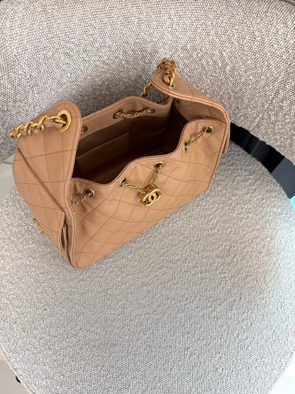 BEIGE GRAINED CALFSKIN CHANEL 25 SMALL GOLD TONE HARDWARE