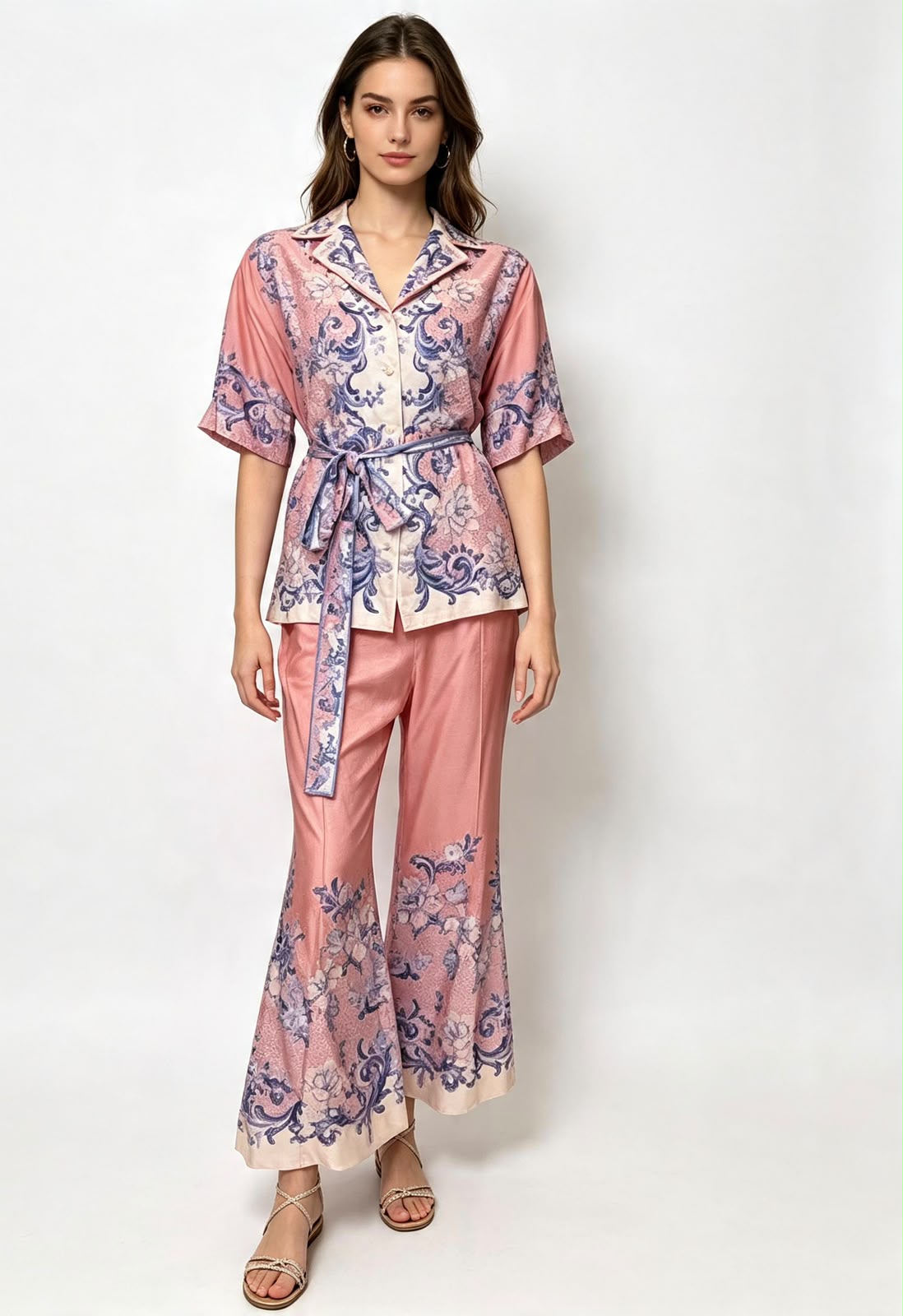 PINK POSTCARD BELTED PRINTED SILK SHIRT AND PANTS SET