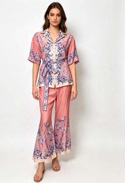 PINK POSTCARD BELTED PRINTED SILK SHIRT AND PANTS SET