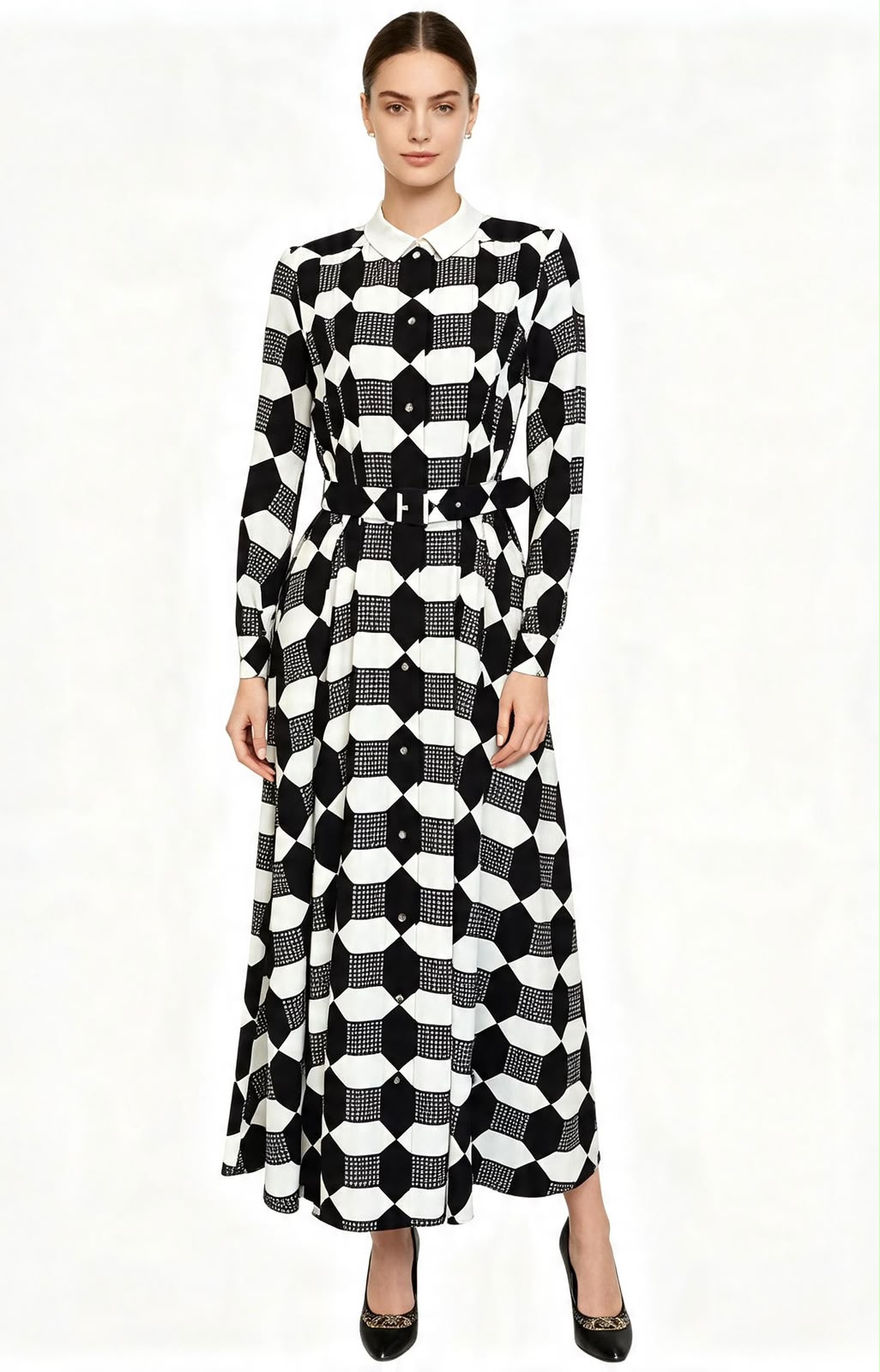 BLACK IVORY WHITE BELTED OPTICAL PRINT SILK DRESS