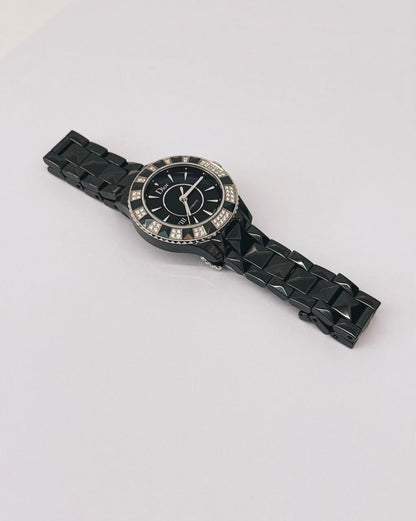 VIII PLACE VENDOME BLACK CERAMIC STAINLESS STEEL AND DIAMOND SET QUARTZ WATCH