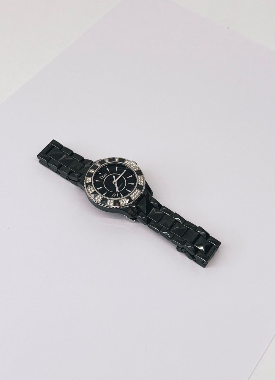 VIII PLACE VENDOME BLACK CERAMIC STAINLESS STEEL AND DIAMOND SET QUARTZ WATCH