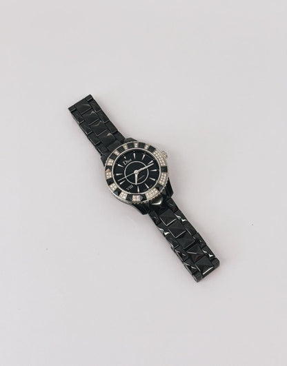VIII PLACE VENDOME BLACK CERAMIC STAINLESS STEEL AND DIAMOND SET QUARTZ WATCH