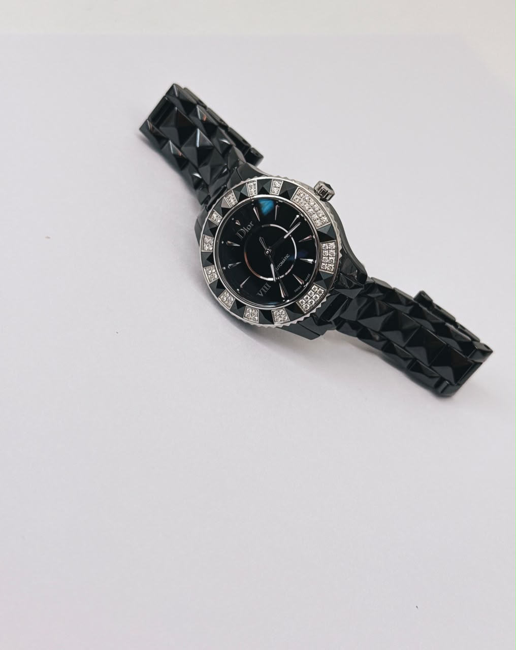 VIII PLACE VENDOME BLACK CERAMIC STAINLESS STEEL AND DIAMOND SET QUARTZ WATCH