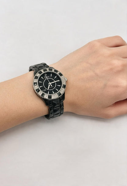 VIII PLACE VENDOME BLACK CERAMIC STAINLESS STEEL AND DIAMOND SET QUARTZ WATCH