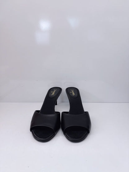 BLACK LEATHER CC HEEL SLIDE SANDALS 38.5C