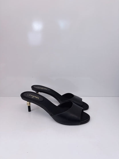 BLACK LEATHER CC HEEL SLIDE SANDALS 38.5C
