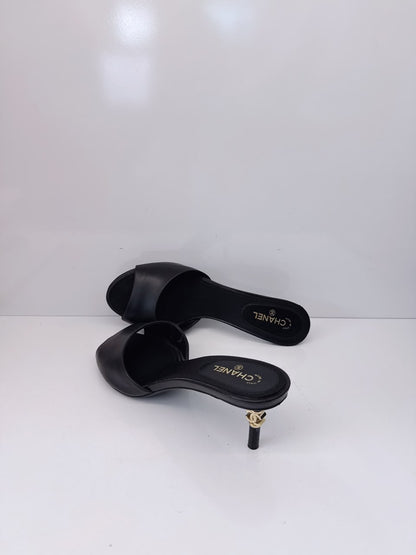 BLACK LEATHER CC HEEL SLIDE SANDALS 38.5C
