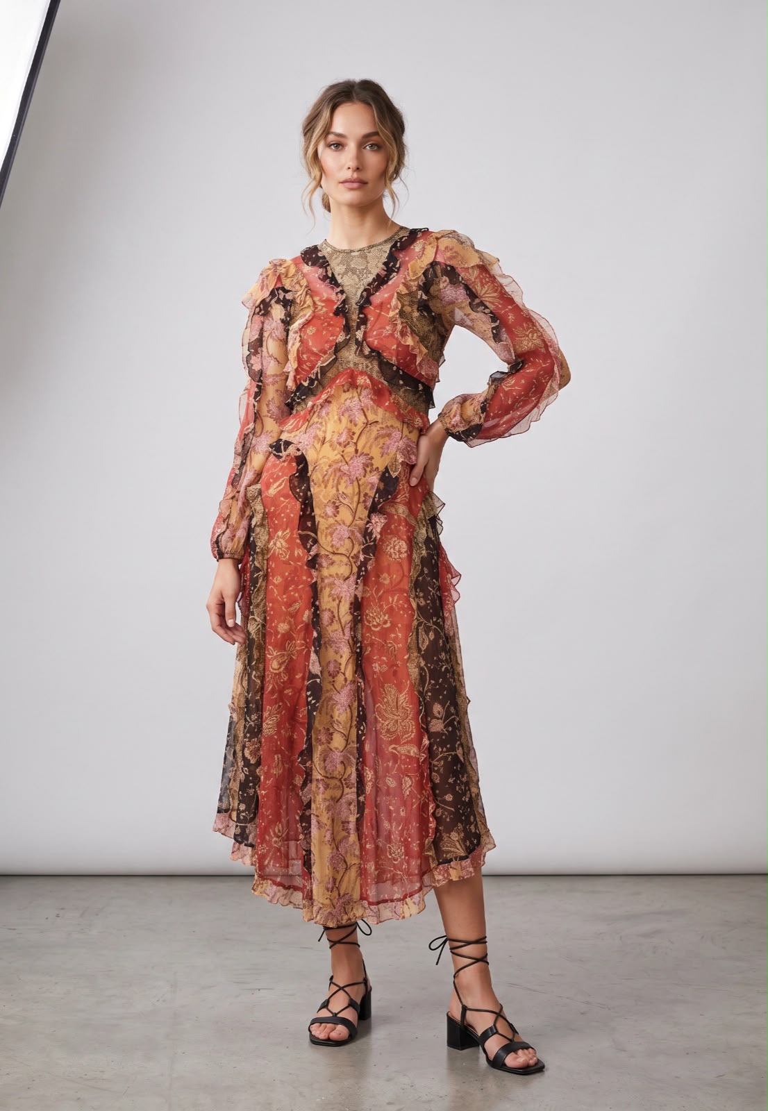 FLORAL PATCHWORK MIDI LONG DRESS 0