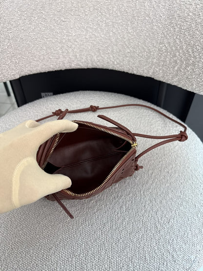 BROWN INTRECCIATO LEATHER MINI CONCERT POUCH