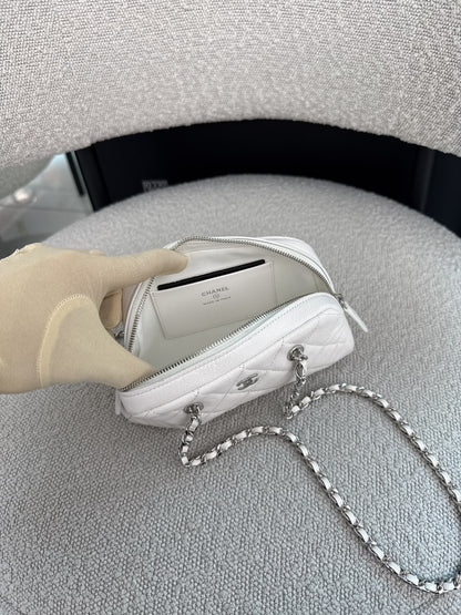WHITE GRAINED CALFSKIN CC MADEMOISSELLE MINI BOWLING BAG