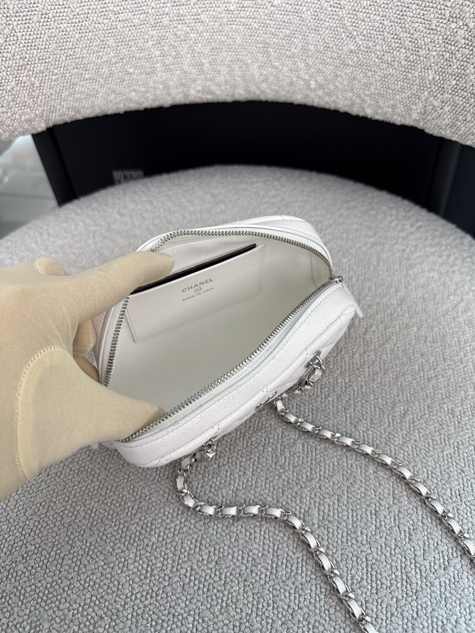 WHITE GRAINED CALFSKIN CC MADEMOISSELLE MINI BOWLING BAG