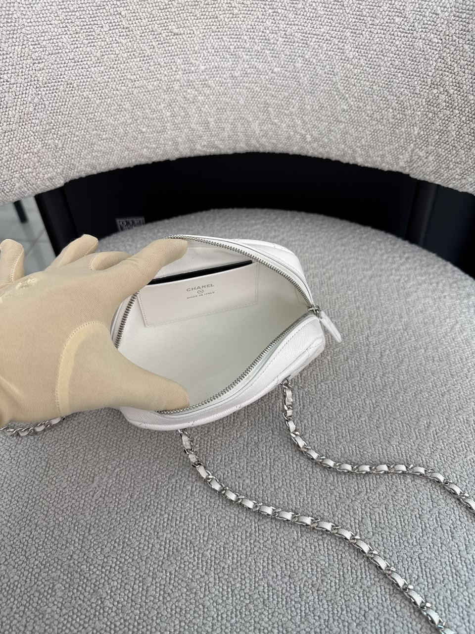 WHITE GRAINED CALFSKIN CC MADEMOISSELLE MINI BOWLING BAG