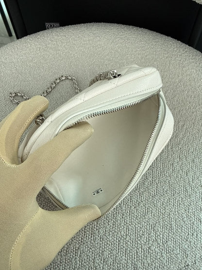 WHITE GRAINED CALFSKIN CC MADEMOISSELLE MINI BOWLING BAG