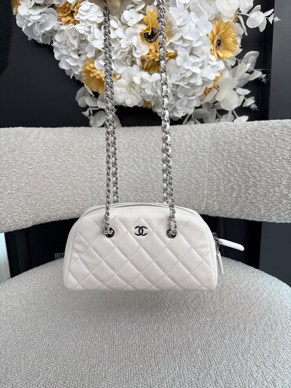 WHITE GRAINED CALFSKIN CC MADEMOISSELLE MINI BOWLING BAG