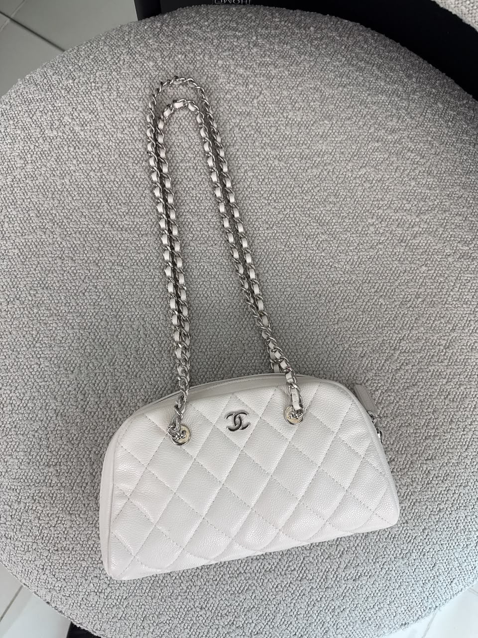 WHITE GRAINED CALFSKIN CC MADEMOISSELLE MINI BOWLING BAG