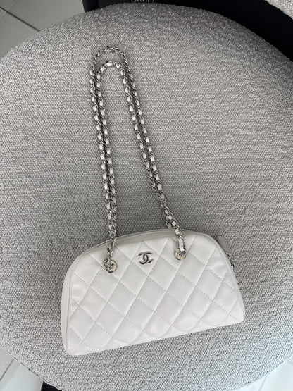 WHITE GRAINED CALFSKIN CC MADEMOISSELLE MINI BOWLING BAG