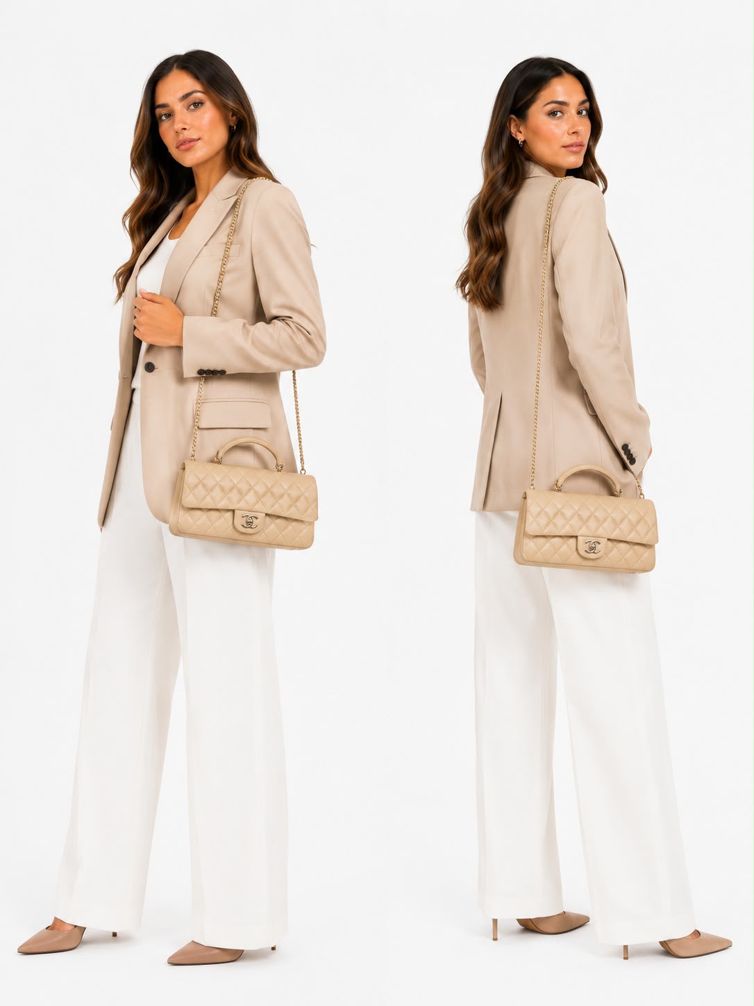 BEIGE QUILTED LAMBSKIN LEATHER CLASSIC TOP HANDLE EAST WEST FLAP GOLD-TONE HARDWARE BAG