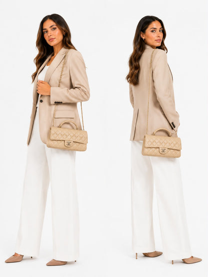 BEIGE QUILTED LAMBSKIN LEATHER CLASSIC TOP HANDLE EAST WEST FLAP GOLD-TONE HARDWARE BAG