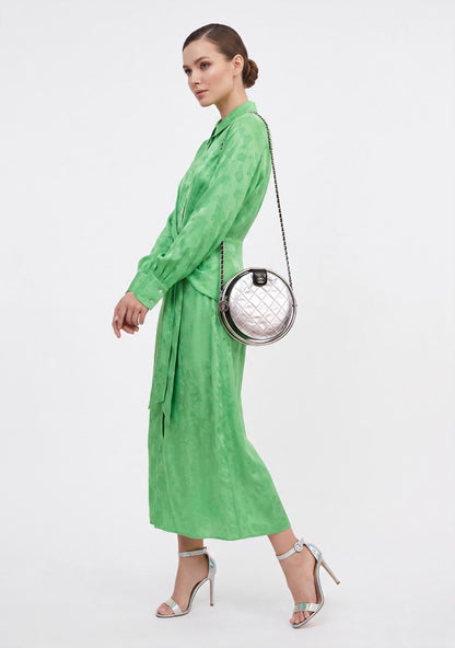SILVER METALLIC AGED CALFSKIN PATENT PLANET MINAUDIERE SHOULDER BAG