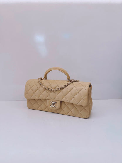 BEIGE QUILTED LAMBSKIN LEATHER CLASSIC TOP HANDLE EAST WEST FLAP GOLD-TONE HARDWARE BAG