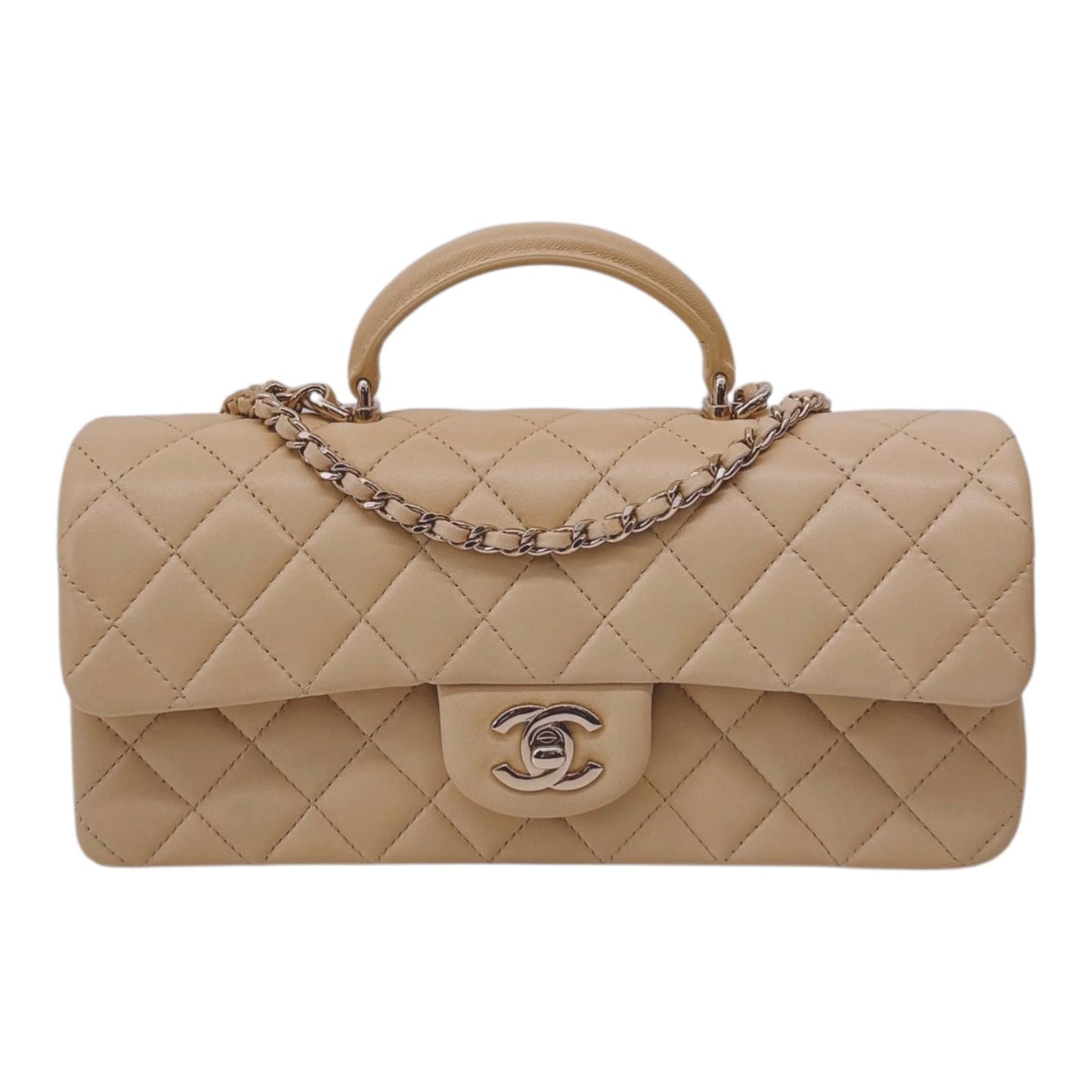 BEIGE QUILTED LAMBSKIN LEATHER CLASSIC TOP HANDLE EAST WEST FLAP GOLD-TONE HARDWARE BAG