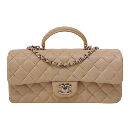BEIGE QUILTED LAMBSKIN LEATHER CLASSIC TOP HANDLE EAST WEST FLAP GOLD-TONE HARDWARE BAG