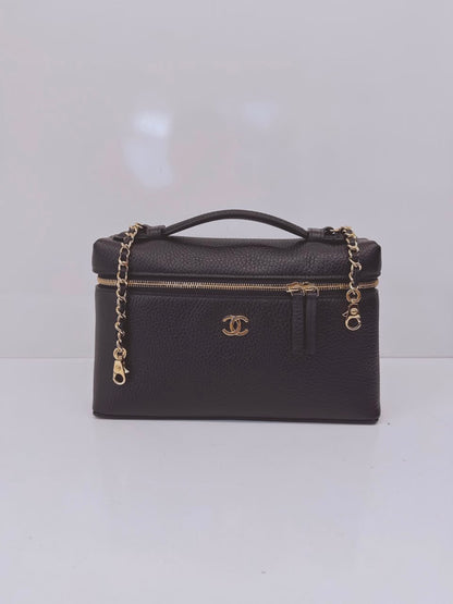BLACK GRAINED CALFSKIN LEATHER LARGE VANITY WITH GOLD-TONE CHAIN