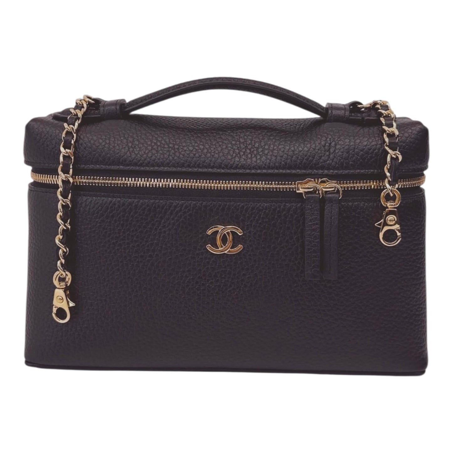BLACK GRAINED CALFSKIN LEATHER LARGE VANITY WITH GOLD-TONE CHAIN