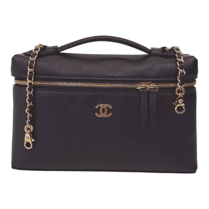 BLACK GRAINED CALFSKIN LEATHER LARGE VANITY WITH GOLD-TONE CHAIN