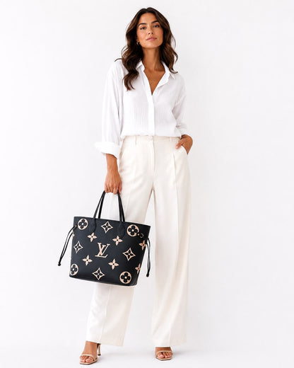 BLACK BEIGE MONOGRAM EMPREINTE LEATHER NEVERFULL MM TOTE BAG