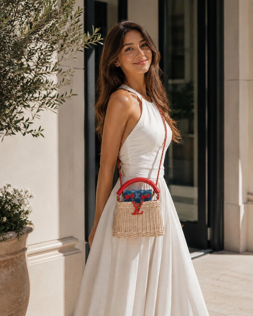 LOUIS VUITTON X TAKASHI MURAKAMI CAPUCINES  MINI RED AND BLUE MONOGRAM CHERRY DENIM AND RATTAN WICKER GOLD HARDWARE