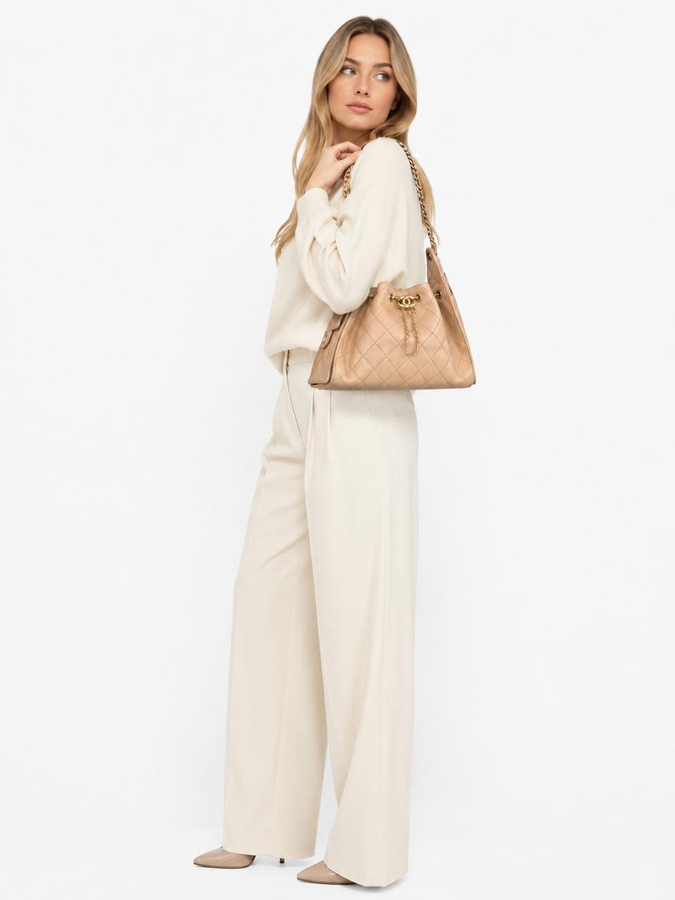 BEIGE GRAINED CALFSKIN CHANEL 25 SMALL GOLD TONE HARDWARE