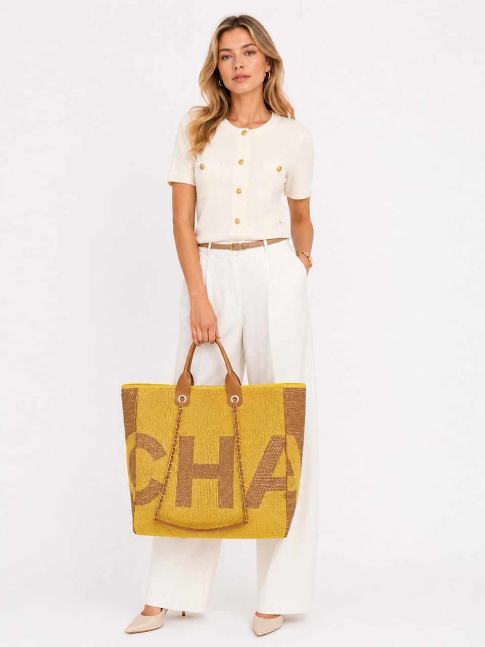 YELLOW TAN RAFFIA MAXI DEAUVILLE SHOPPING TOTE