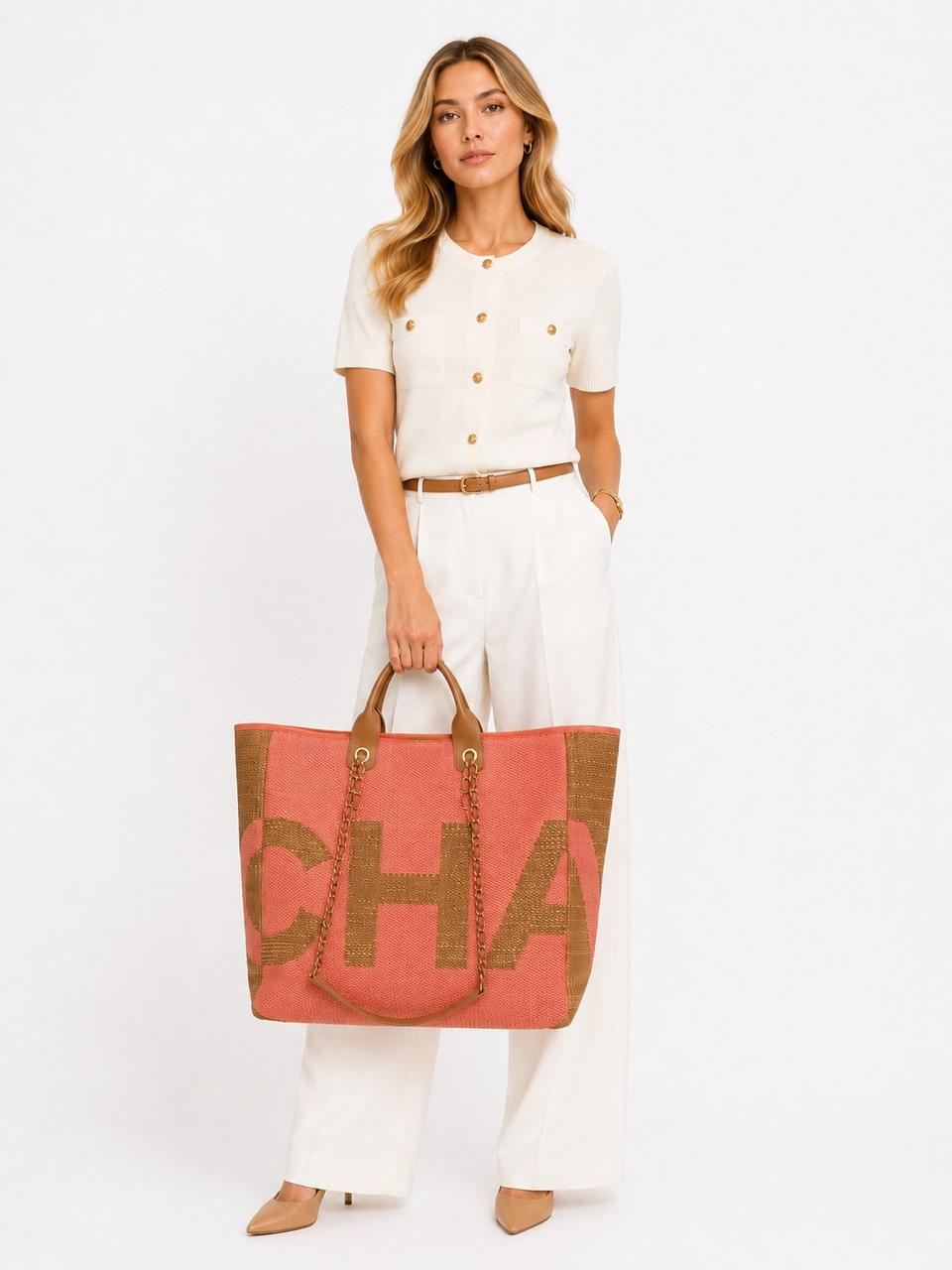 ORANGE TAN RAFFIA MAXI DEAUVILLE SHOPPING TOTE