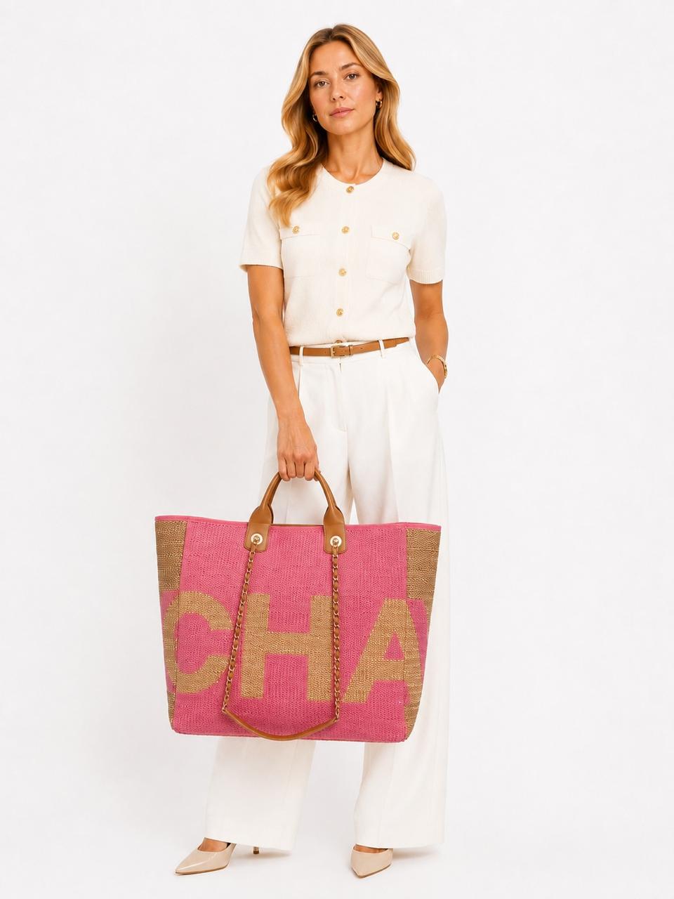 PINK AND TAN RAFFIA MAXI DEAUVILLE SHOPPING TOTE