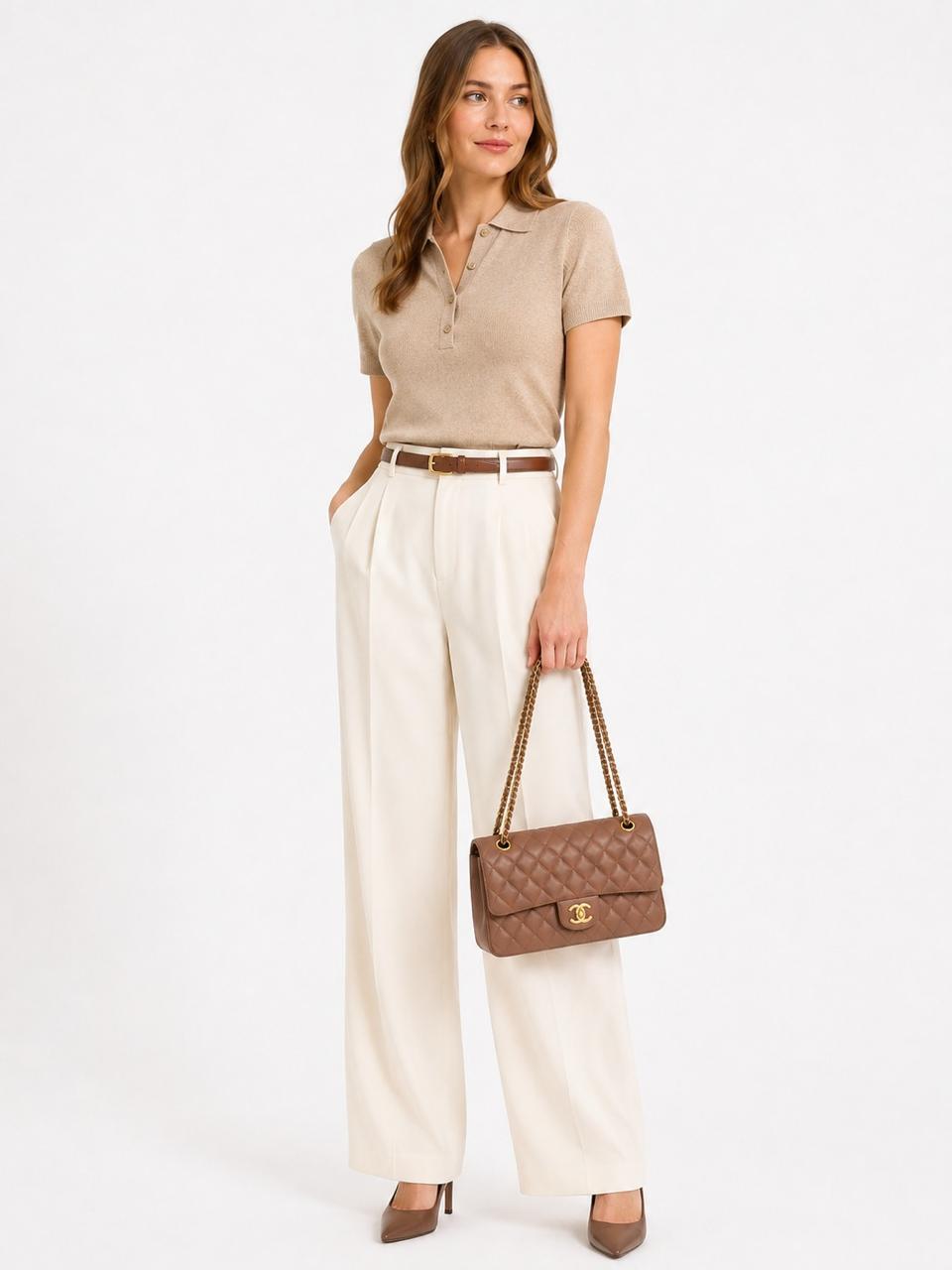 CAMEL QUILTED LAMBSKIN LEATHER MEDIUM CLASSIC DOUBLE FLAP BAG