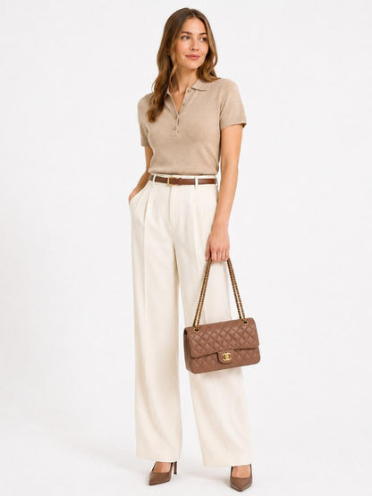 CAMEL QUILTED LAMBSKIN LEATHER MEDIUM CLASSIC DOUBLE FLAP BAG
