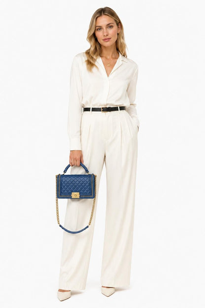 BLUE CALFSKIN LEATHER MEDIUM BOY WITH TOP HANDLE GOLDTONE HARDWARE