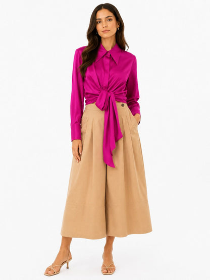 PINK WAIST TIE OVERSIZED COLLAR SATIN SHIRT 8